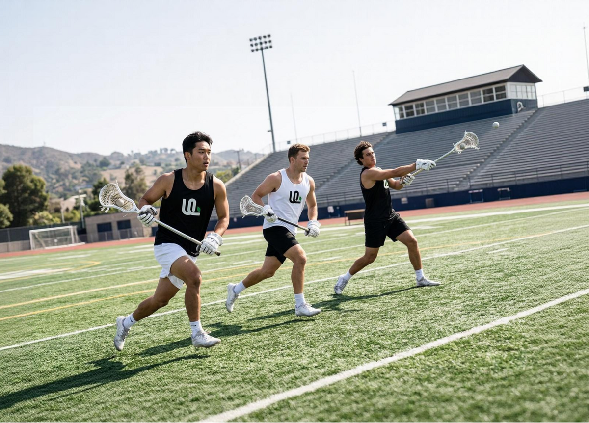 Lacrosse male athletes running up field in Unsponsored Life Gear