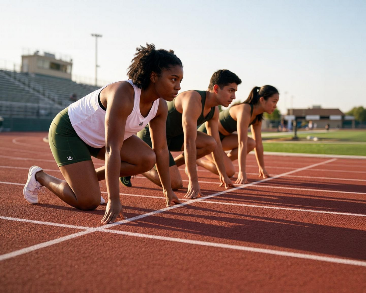Three track athletes at starting line before sprint Unsponsored life